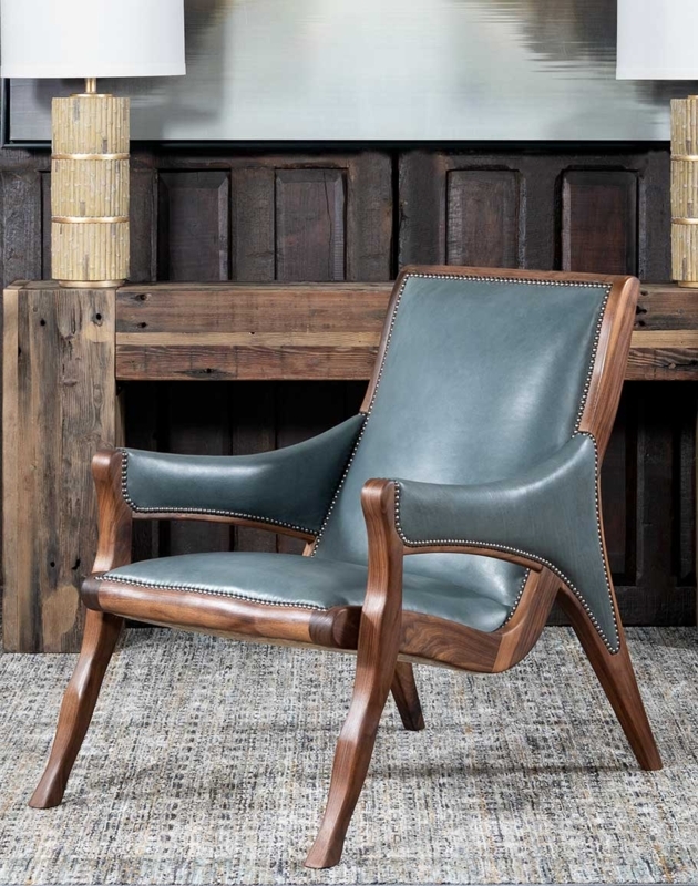 Slate Blue Leather Chair with Sculptural Wood Frame