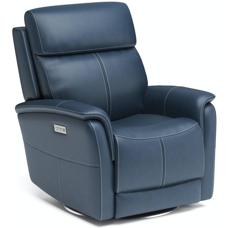 Slate Blue Swivel Recliner with Contrast Stitching and Power Headrest