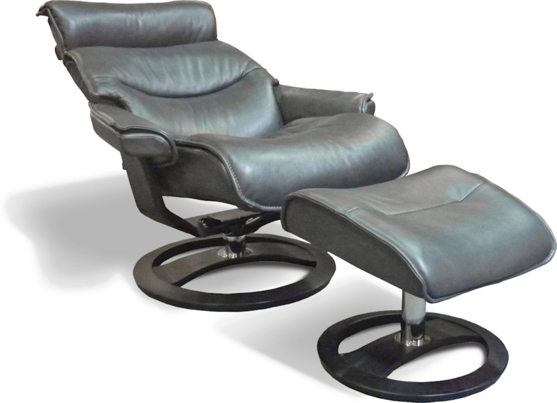 Slate Gray Ergo Recliner with Circular Wood Base and Padded Headrest