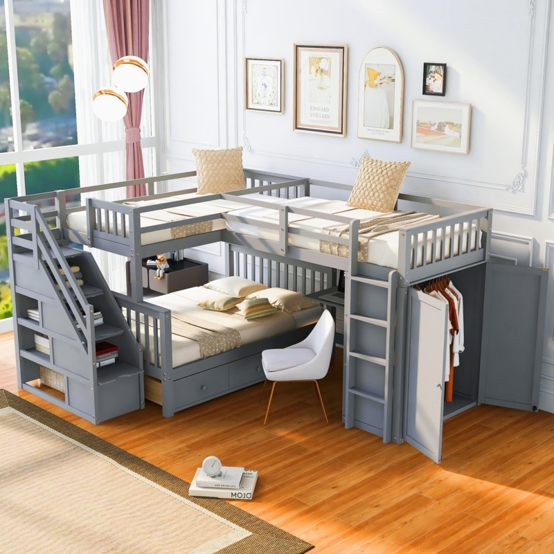 Slate Gray L-Shaped Bunk Bed with Built-In Wardrobe and Stairs
