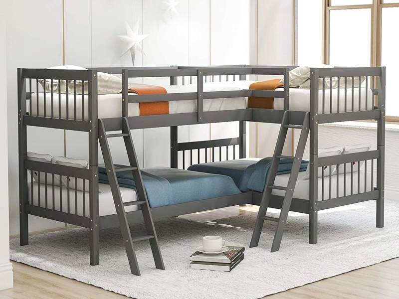 Slate Gray L-Shaped Quadruple Bunk Bed with Integrated Ladders