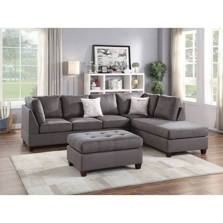 Slate Gray Microfiber Sectional with Reversible Chaise and Tufted Ottoman