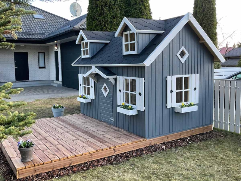 Slate Grey Farmhouse Playhouse with Dormer Windows & Deck