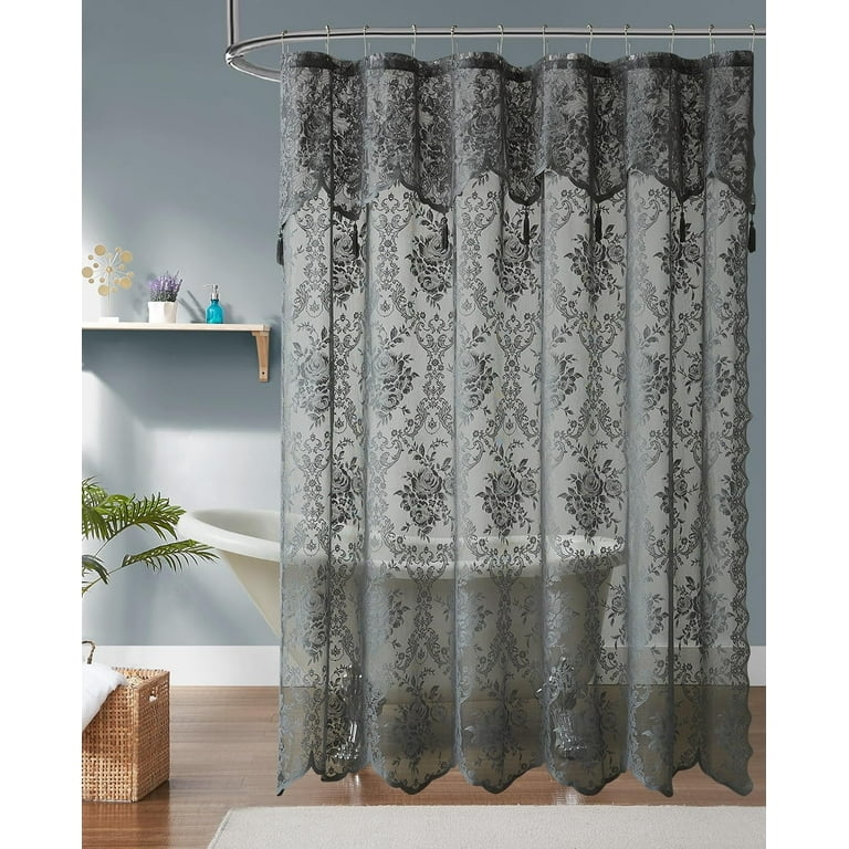 Slate Grey Lace Shower Curtain Valance with Decorative Tassels Vintage