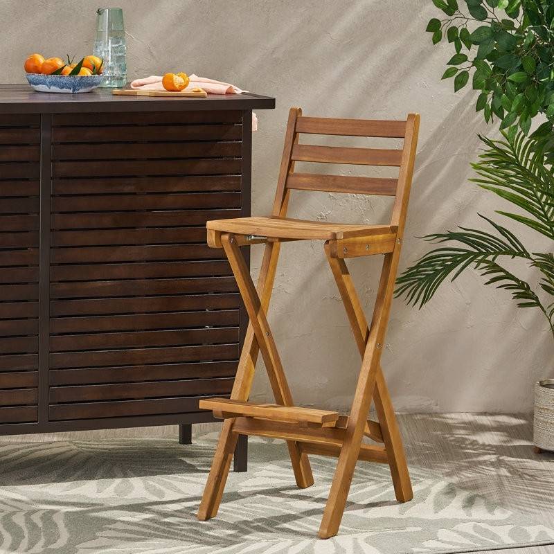 Slatted Folding Wooden Bar Stool Seat and Backrest Transitional