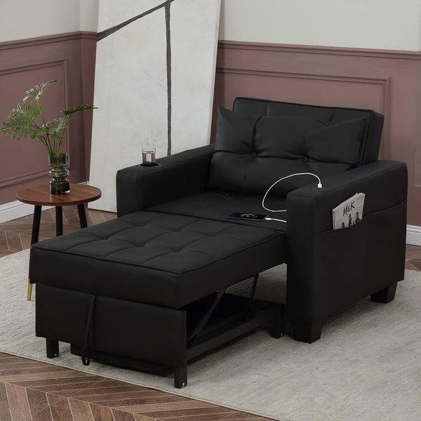 Sleeper Chair Charcoal Black Tufted with USB Port and Cup Holder