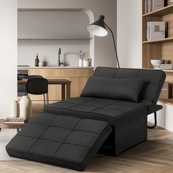 Sleeper Chair Charcoal Grey Square Tufted with Convertible Ottoman