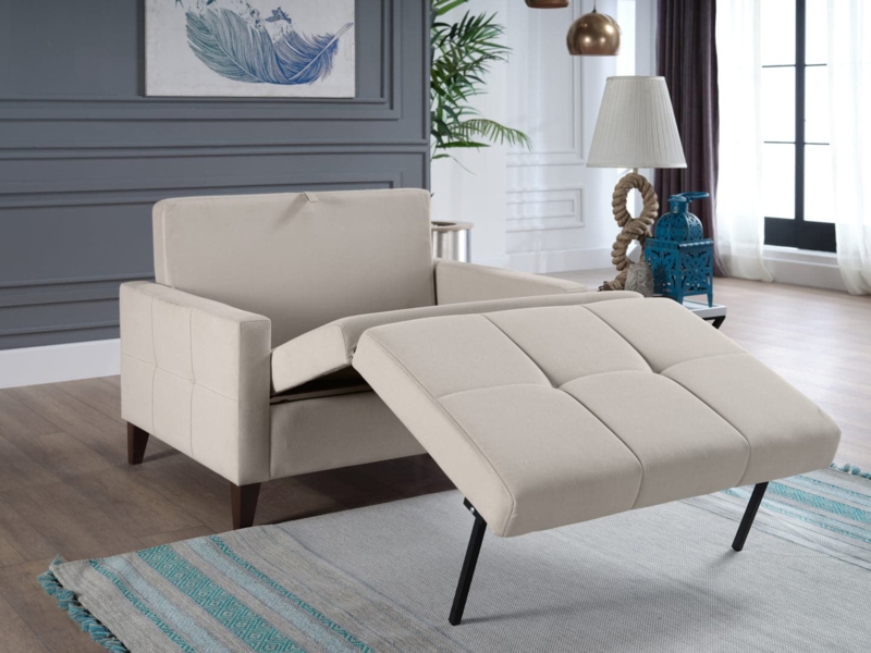 Sleeper Chair Cream Beige Grid Tufted with Dark Walnut Tapered Legs