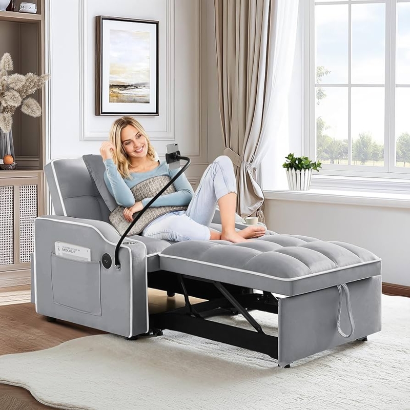 Sleeper Chair Light Grey Velvet with Flexible Phone Mount and Piping
