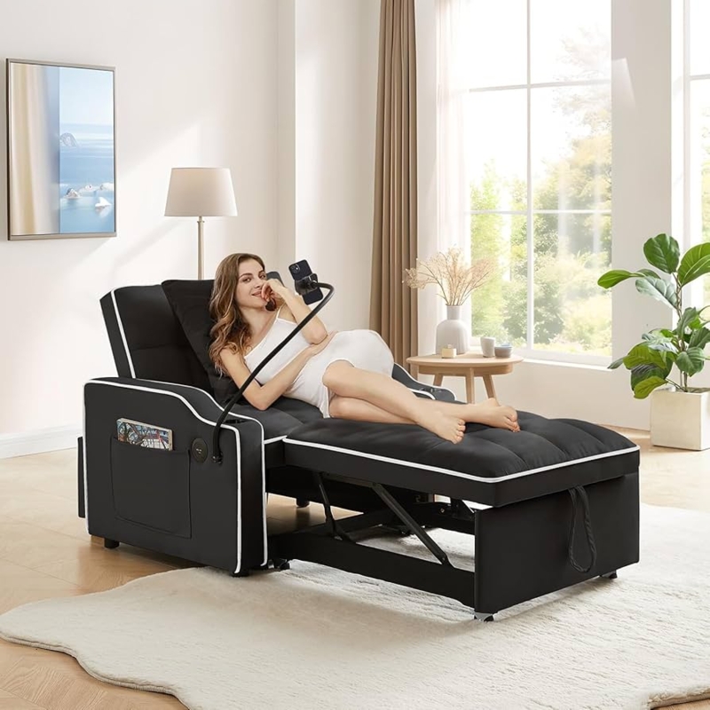 Sleeper Chair Matte Black Velvet with Crisp White Piping Detail