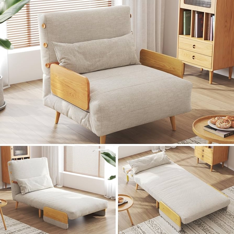 Sleeper Chair Oatmeal Linen with Wood Toned Side Panels