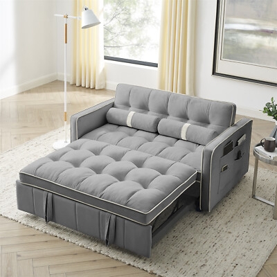 Sleeper Loveseat with Contrast Piping, Charcoal Grey Velvet, Side Pockets
