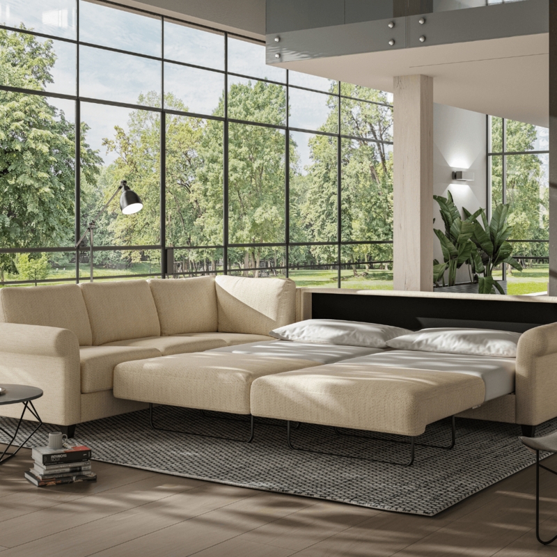 Sleeper Sectional King Size Cream Rounded Arms Modern