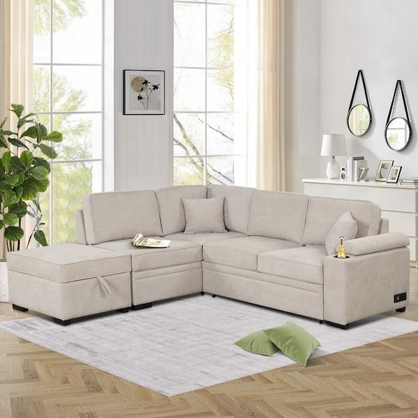 Sleeper Sectional with Storage Ottoman, Cup Holders, Warm Beige Linen