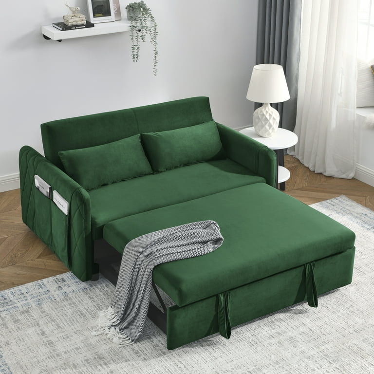 Sleeper Sofa in Forest Green Velvet with Diamond Stitching Details