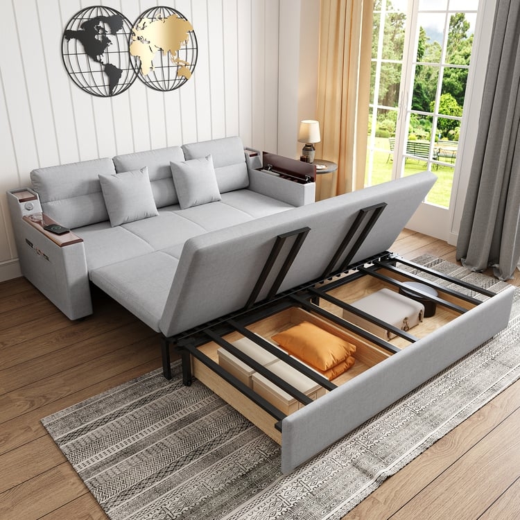 Sleeper Sofa: Light Gray Linen Daybed with Lift-Up Storage and USB.