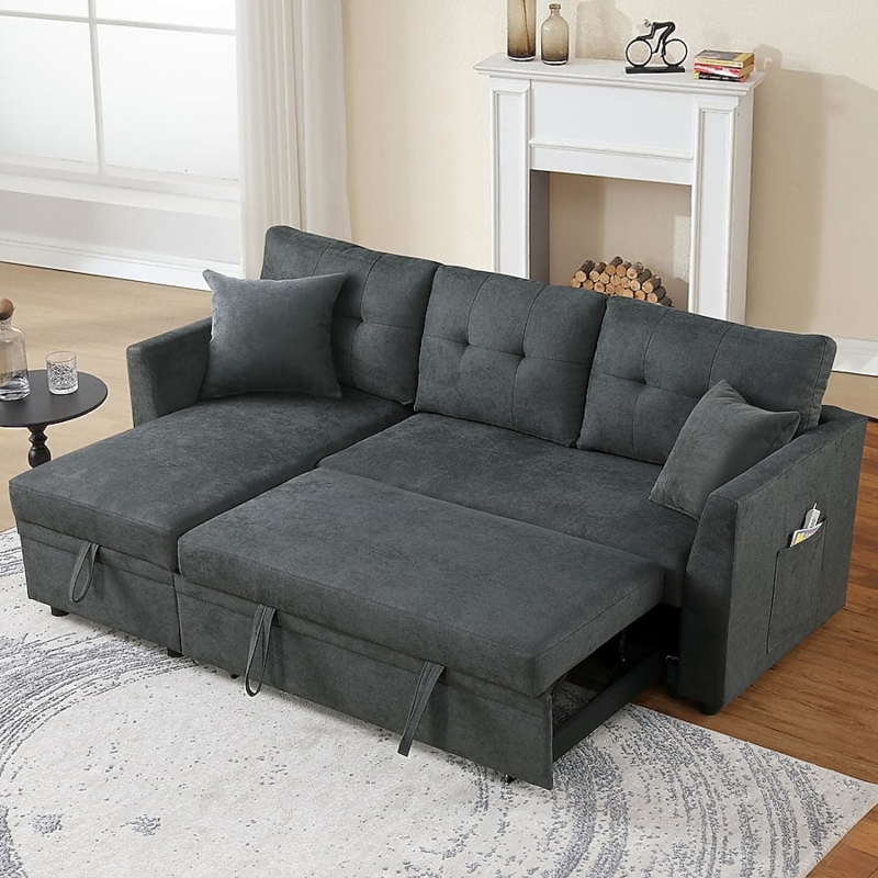 Sleeper Sofa: Velvet L-Shaped Trundle with Side Storage Pocket.