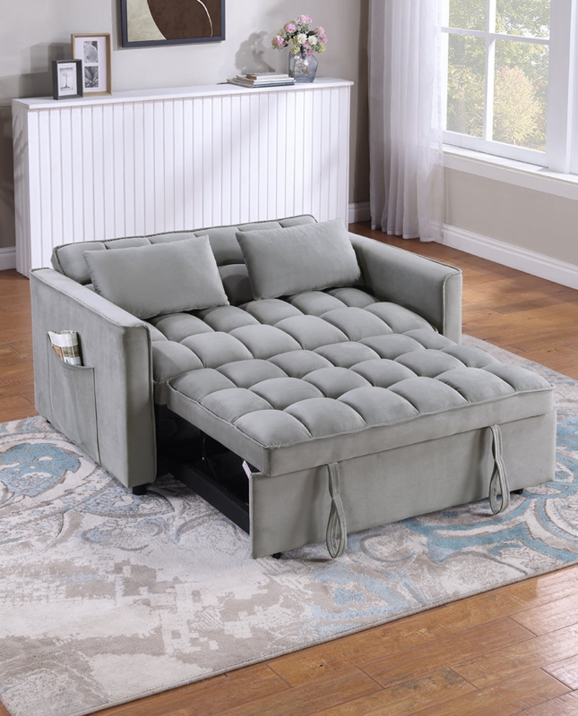 Sleeper Sofa with Grid Tufting and Side Pocket in Soft Gray Velvet