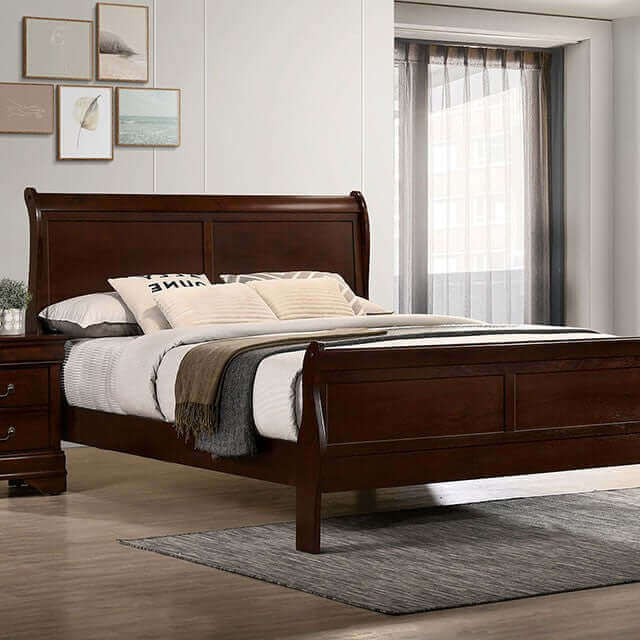 Sleigh Bed Cherry Finish Paneled Details Louis Philippe Style