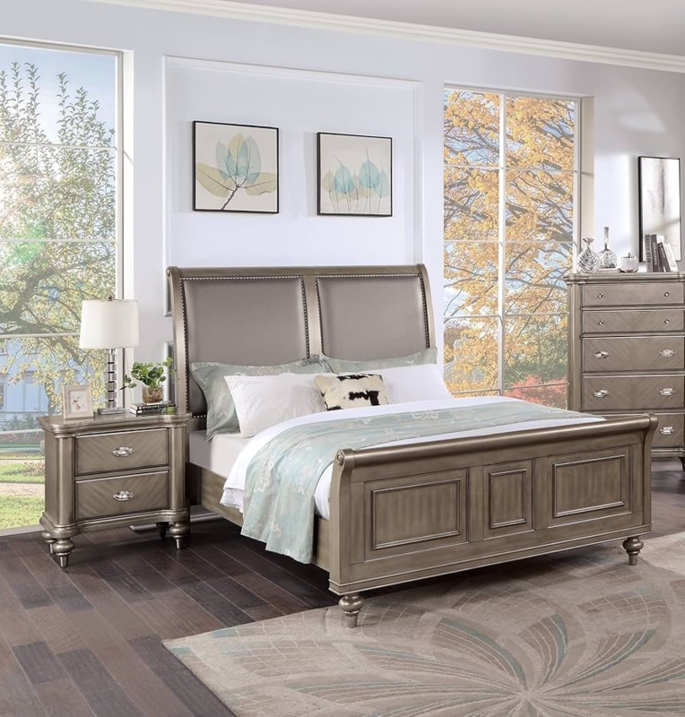 Sleigh Bed Set Chevron Drawer Fronts Nailhead Trim Metallic Finish