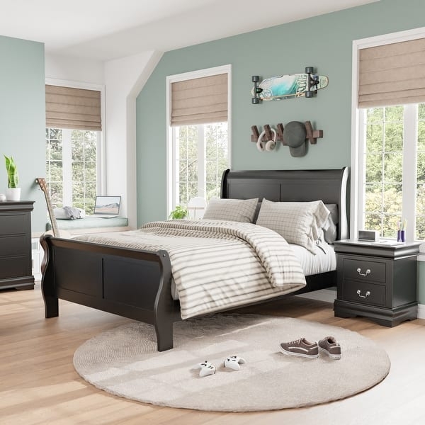 Sleigh Bedroom Set Black Wood Finish Solid Wood Transitional Style