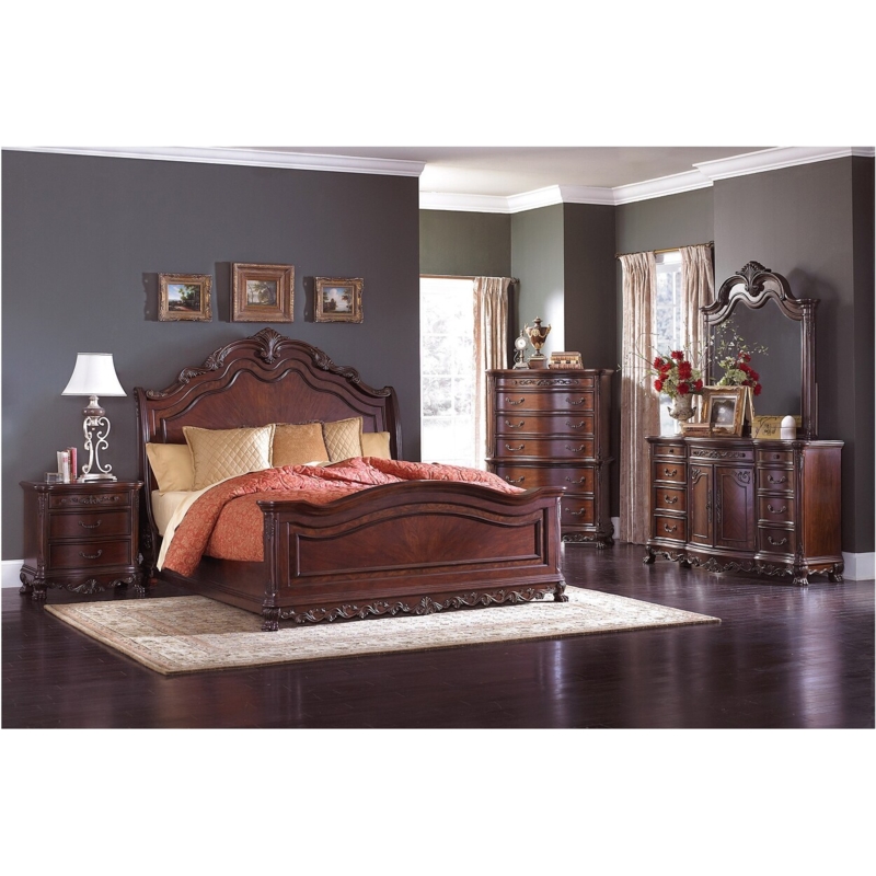 Sleigh Bedroom Set Carved Details Cherry Brown Traditional Style