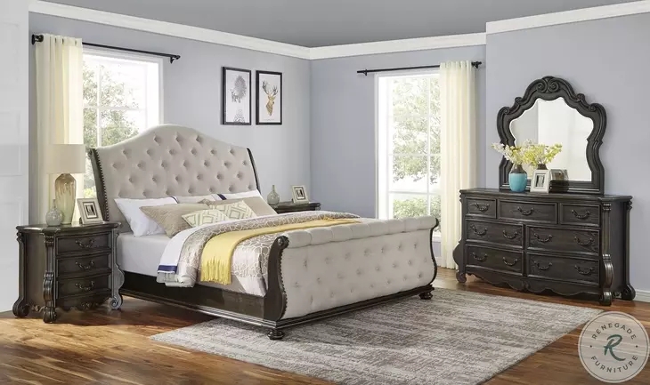 Sleigh Bedroom Set Ornate Mirror Curved Footboard Dark Stain Finish