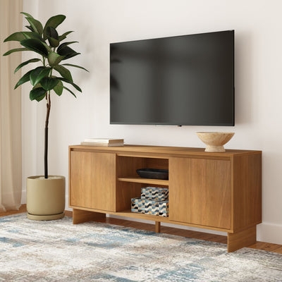 Sliding Door Media Console Honey Oak with Recessed Plinth Base