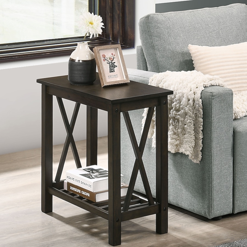 Slim Farmhouse End Table with Slatted Lower Shelf in Dark Gray
