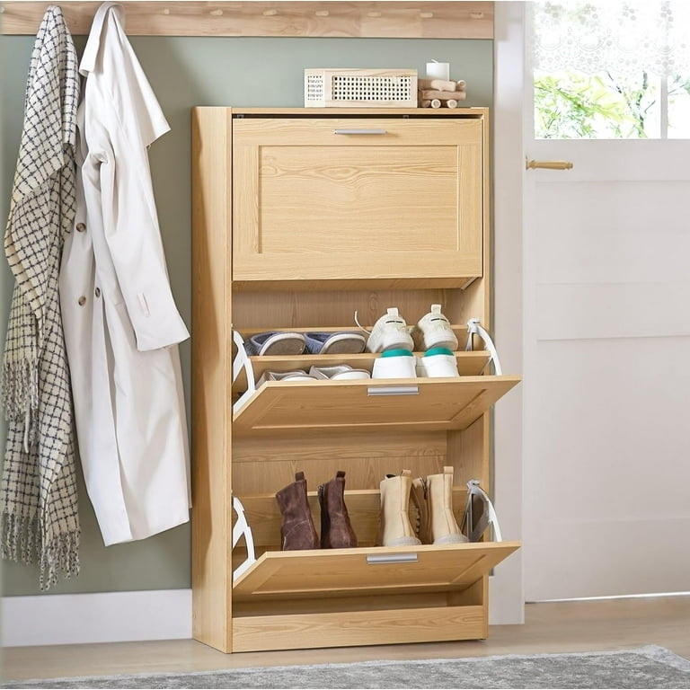 Slim Natural Wood Shoe Cabinet with Three Flip-Down Drawers