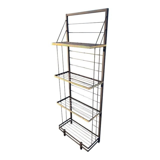 Slim Post-Modern Bakers Rack with Brass Trim & Wire Grate Shelves