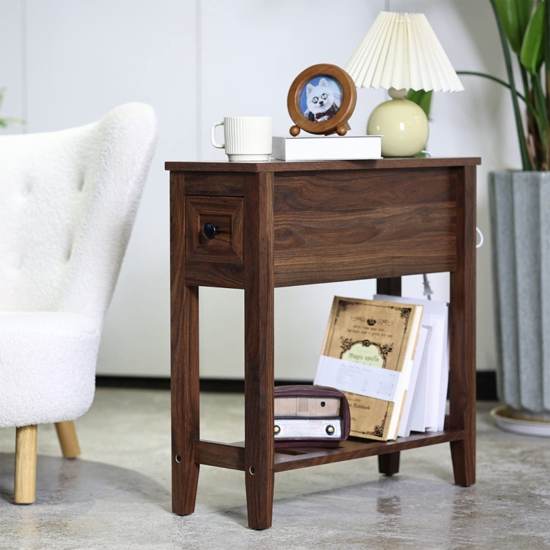Slim Walnut End Table with Tapered Legs and Cable Management