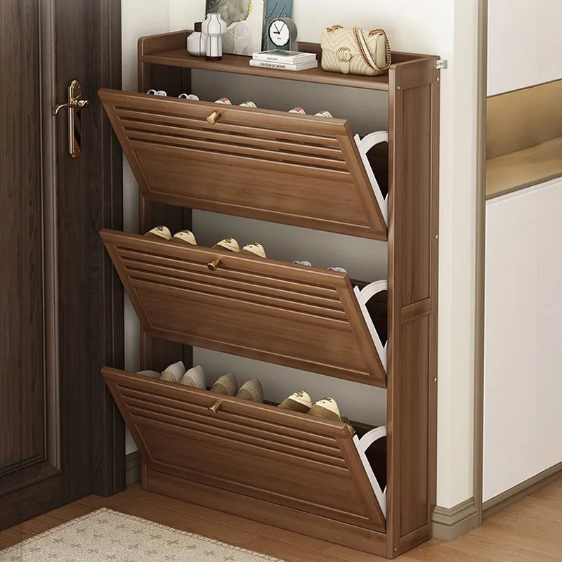 Slim Walnut Shoe Cabinet with Horizontal Slatted Front and Gold Knobs