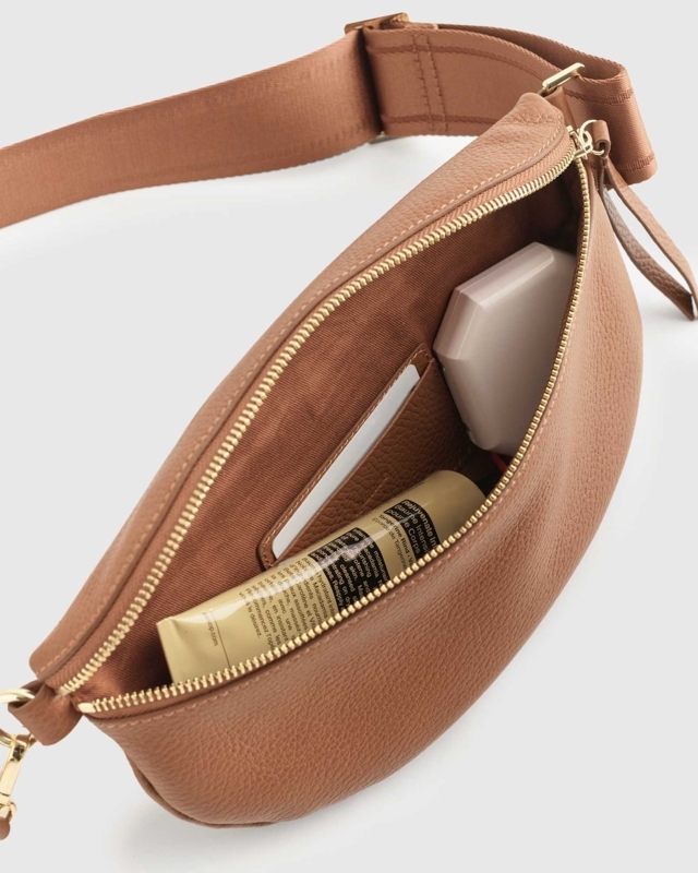 Sling Bag Cognac Pebbled Leather-Like Wide Webbing Strap Gold Toned