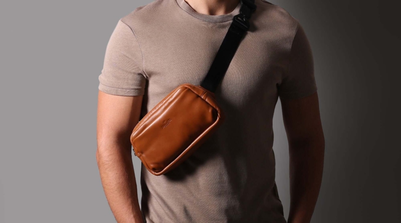 Sling Bag Cognac Smooth Leather-Like Black Webbing Strap