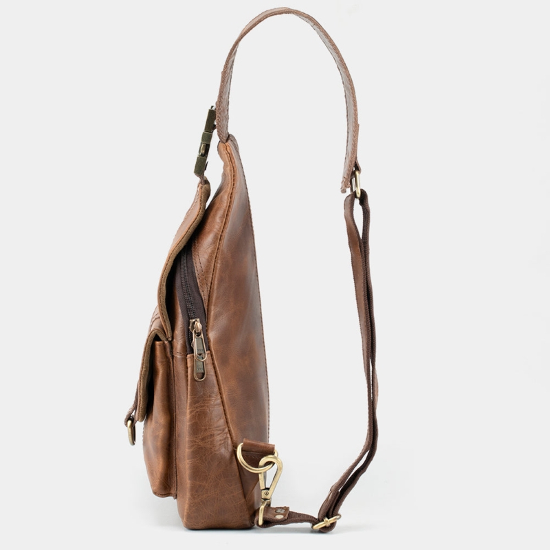 Sling Bag Cognac Tan Distressed Rustic Teardrop Bag Antique Brass