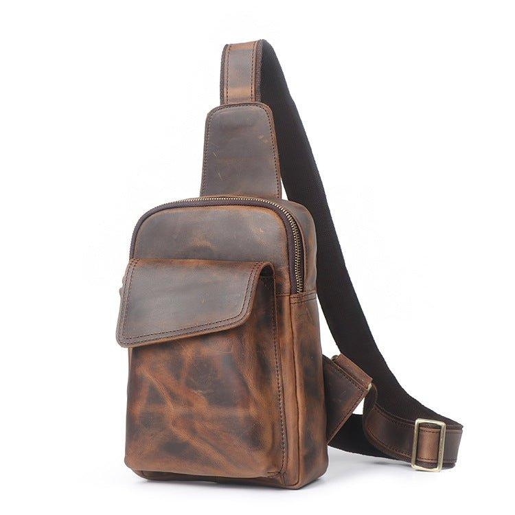 Sling Bag Dark Coffee Distressed Leather-Like Variegated Patina Flap