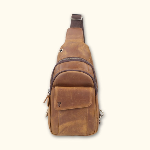 Sling Bag Distressed Brown Leather-Like Chest Pack Grommet Detail