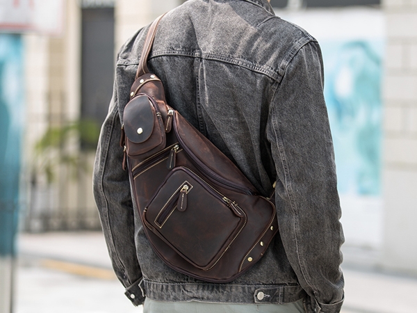 Sling Bag Distressed Leather-Like Tactical Daypack Metal Rivets