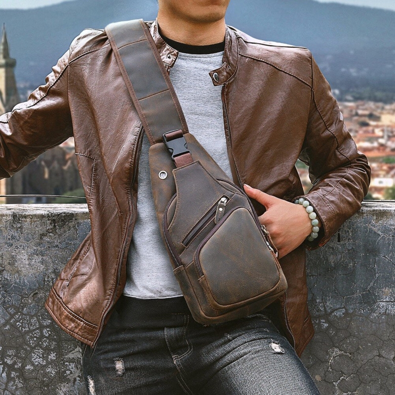 Sling Bag Espresso Distressed Leather-Like Metal Eyelet Port