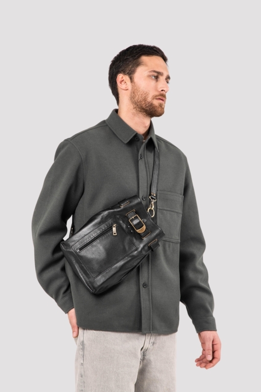 Sling Bag Matte Black Pebbled Leather-Like Vertical Buckle Closure
