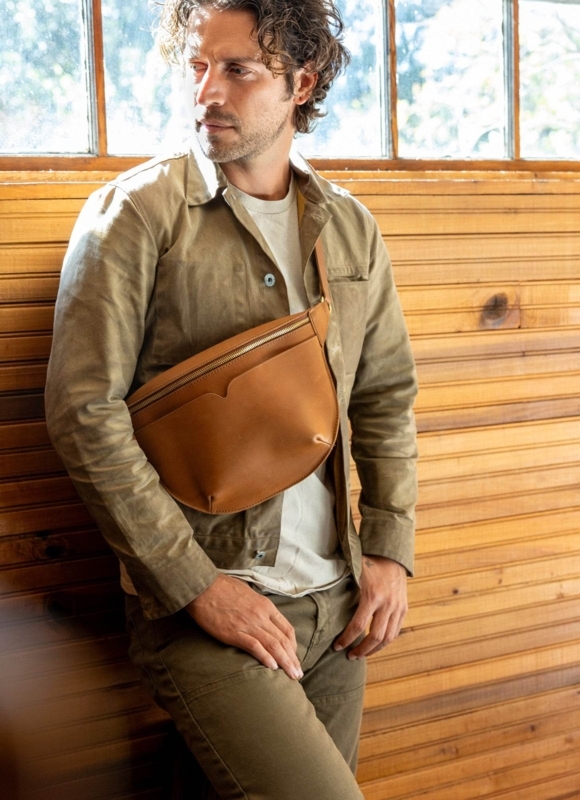 Sling Bag Oversized Cognac Tan Crescent Men's Crossbody Notched Pocket
