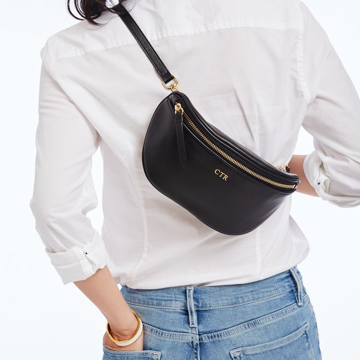 Sling Bag Smooth Black Leather-Like Gold Foil Monogram Detail