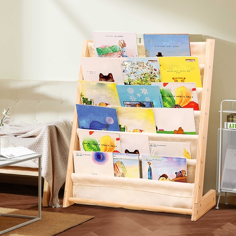 Sling Bookshelf Six Tier Storage Natural Wood Frame Forward Facing