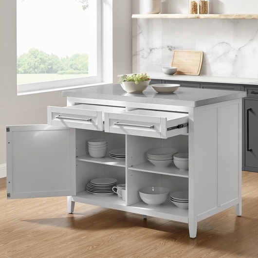 Small Kitchen Island White Stainless Top Tapered Legs Shaker Panel