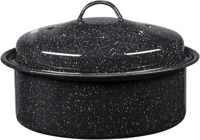 Small Round Roaster with Steam Vents Speckled Black Enamel