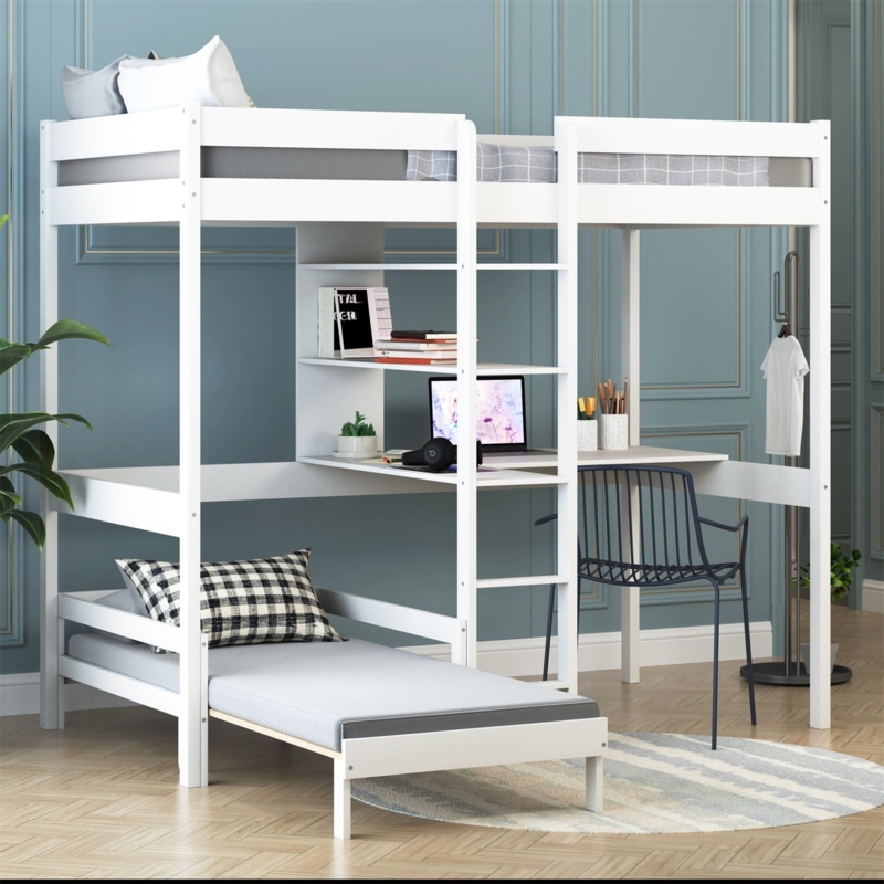 Small Space Loft Bed with Convertible Trundle and L-Shaped Desk