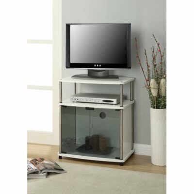 Small Space Media Console White with Tinted Glass Doors and Silver Poles