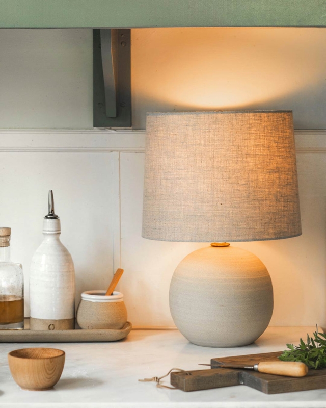 Small Table Lamp Spherical Stoneware Base Oat Linen Shade Buckwheat