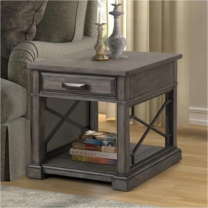 Smokey Grey End Table with Storage Drawer and Metal Pull Handle